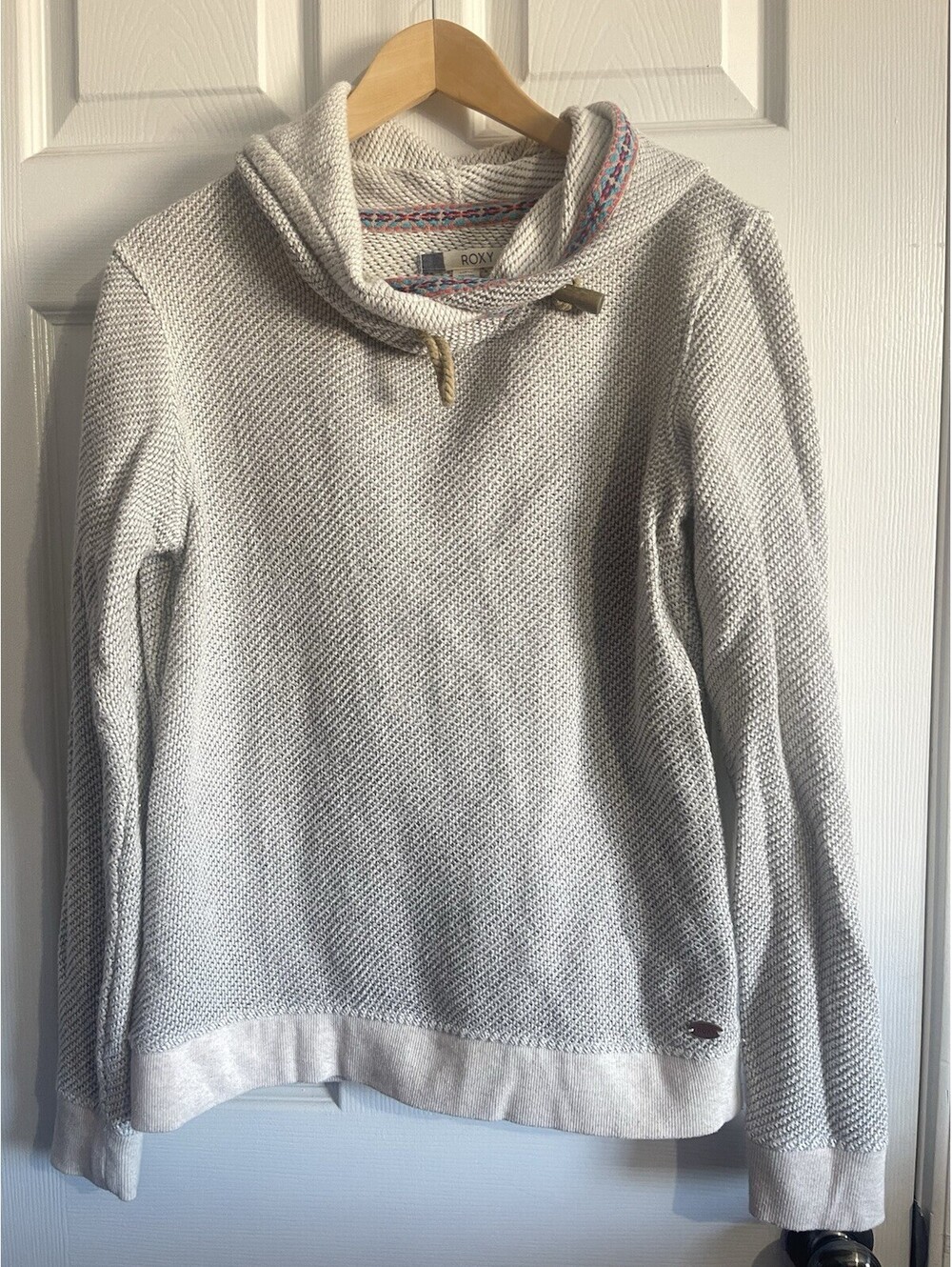 Roxy Wildfire Hoodie Sz L Oatmeal Textured Knit Toggle Neck Pullover Sweater